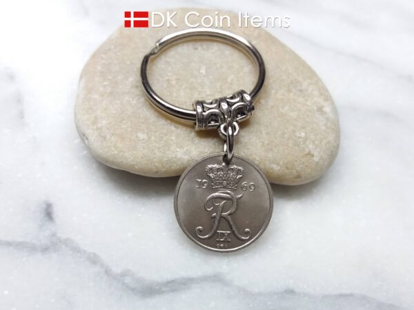 Denmark 1969 coin keychain - Crowned Letter R initial on 55 year old 10 ore - 55th birthday gift - 10th anniversary gift - Danish souvenir