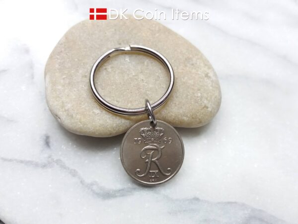 Denmark 1969 coin keychain - 55 year old Letter R initial 10 ore on 25mm keyring - 55th birthday gift - 10th anniversary - Danish souvenir