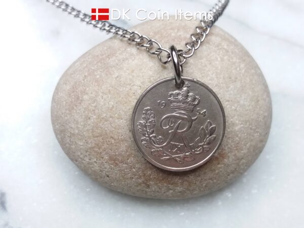 Denmark 1954 coin necklace - 70 year old Crowned Letter R initial 10 ore - 70th birthday gift - Danish souvenir - Cord/chain options