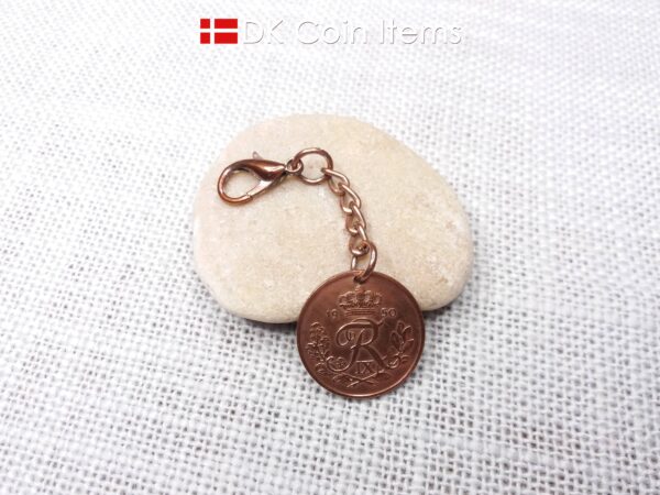 Denmark 1950 R-initial coin pendant charm with 74 year old decoratively copper plated 25 ore and chain plus 18mm lobster claw clasp