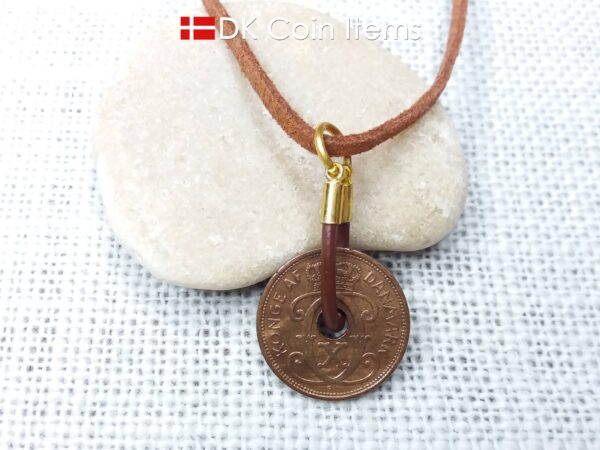 Denmark 1931 coin necklace - Crowned letter C initial on 93 year old 2 ore - Antique Danish souvenir - 93rd birthday gift. Cord/chain option