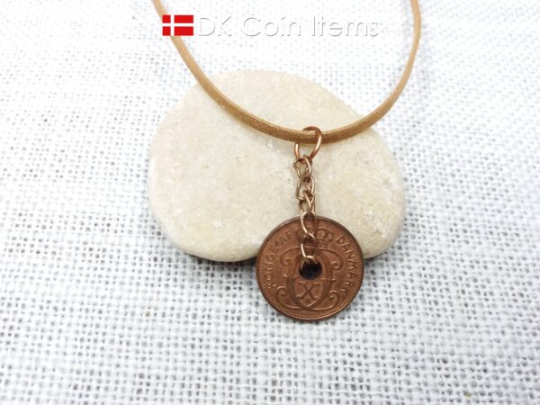 Denmark 1937 coin necklace - Crowned letter C initial on 87 year old 2 ore - Antique Danish souvenir - 87th birthday gift. Cord/chain option