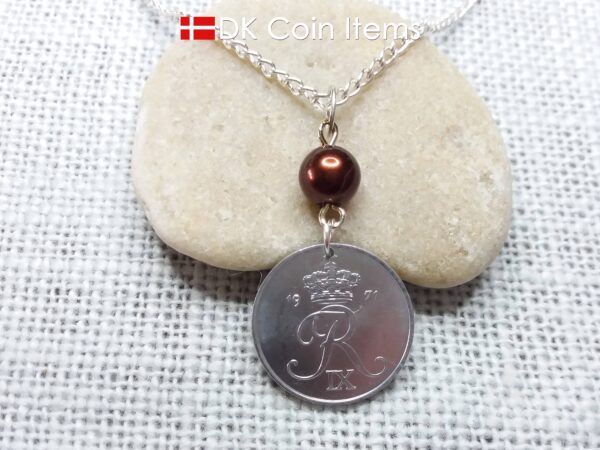 Denmark 1971 coin necklace - 53 year old Crowned Letter R initial 2 ore - 53rd birthday gift - Danish souvenir - Cord/chain options