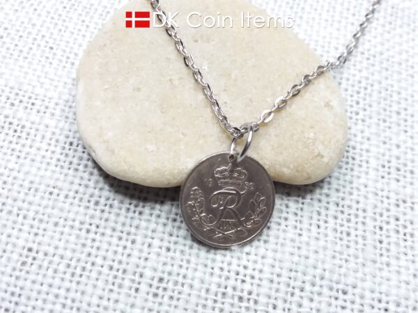 Denmark 1950 coin pendant necklace - 74 year old Crowned Letter R initial 10 ore - 74th birthday gift - Danish souvenir - Cord/chain options