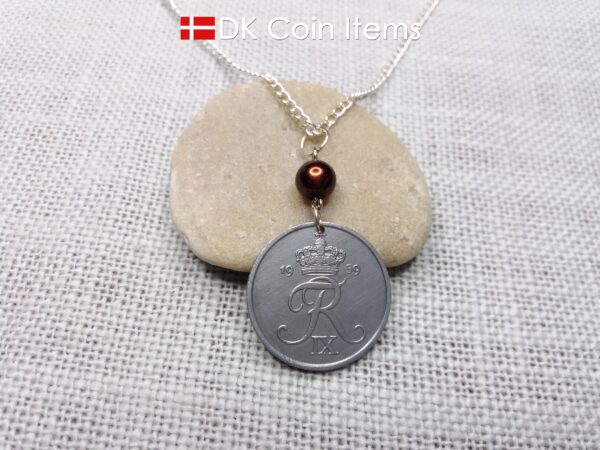 Denmark 1959 coin necklace - 65 year old 5 ore - Crowned Letter R initial - 65th birthday gift - Danish souvenir - Cord/chain options