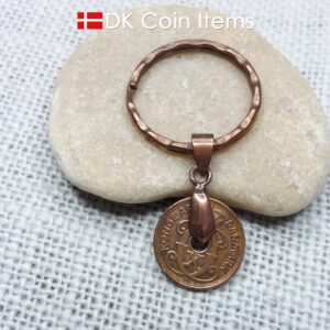 Denmark 1937 coin keychain - 87 year old crowned letter C initial vintage copper 1 ore coin pendant - 87th birthday gift - Antique souvenir