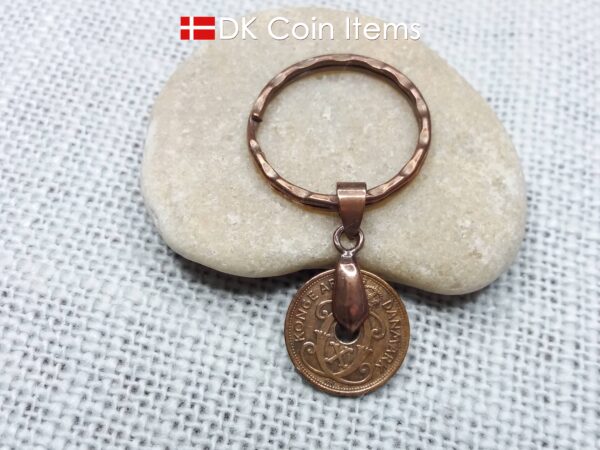 Denmark 1937 coin keychain - 87 year old crowned letter C initial vintage copper 1 ore coin pendant - 87th birthday gift - Antique souvenir