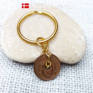 Denmark 1937 coin keychain - Letter C initial on 87 year old copper 1 ore vintage coin pendant - 87th birthday gift - Danish souvenir