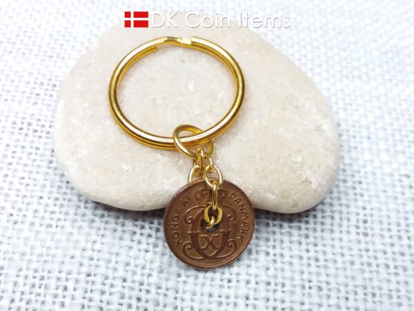 Denmark 1937 coin keychain - Letter C initial on 87 year old copper 1 ore vintage coin pendant - 87th birthday gift - Danish souvenir