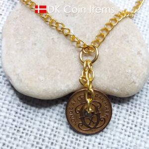 Denmark 1937 coin necklace - Crowned letter C initial on 87 year old 1 ore - Antique Danish souvenir - 87th birthday gift. Cord/chain option