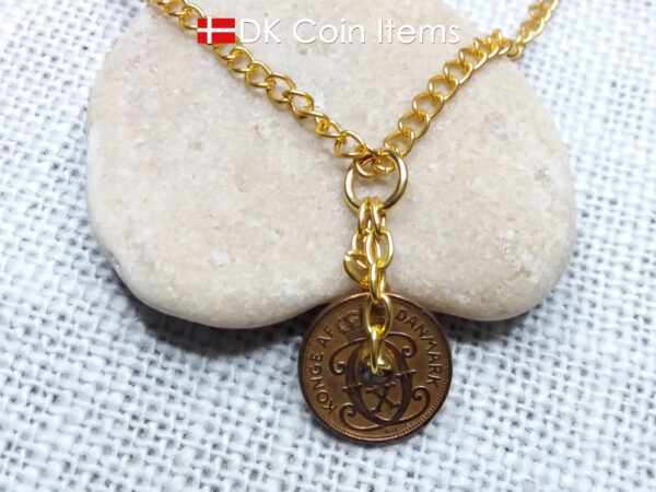 Denmark 1937 coin necklace - Crowned letter C initial on 87 year old 1 ore - Antique Danish souvenir - 87th birthday gift. Cord/chain option