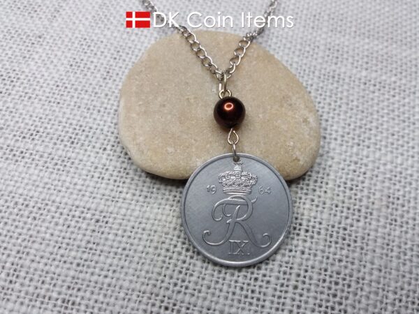 Denmark 1964 coin necklace - 60 year old 5 ore - Crowned Letter R initial - 60th birthday gift - Danish souvenir - Cord/chain options