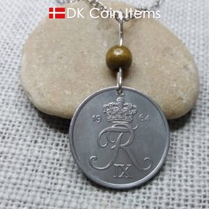 Denmark 1964 coin necklace - 60 year old 5 ore with Crowned Letter R initial - 60th birthday gift - Danish souvenir - Cord/chain options