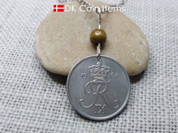 Denmark 1964 coin necklace - 60 year old 5 ore with Crowned Letter R initial - 60th birthday gift - Danish souvenir - Cord/chain options