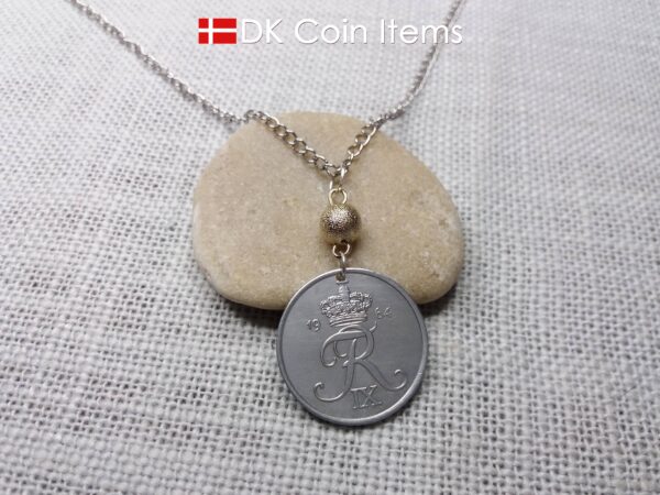 Denmark 1964 coin necklace - 60 year old 5 ore - 60th birthday gift - Crowned Letter R initial - Danish souvenir - Cord/chain options