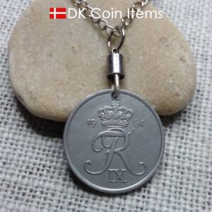 Denmark 1964 coin necklace - 60 year old Letter R initial 5 ore - 60th birthday gift - Danish souvenir - Cord/chain options