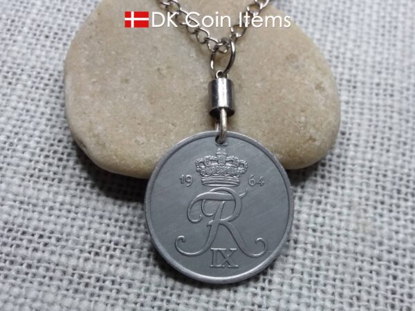 Denmark 1964 coin necklace - 60 year old Letter R initial 5 ore - 60th birthday gift - Danish souvenir - Cord/chain options