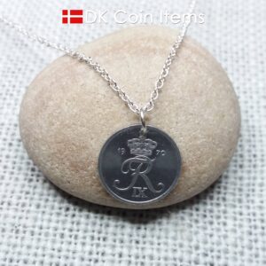 Denmark 1970 coin necklace (chain included) - 54 year old vintage 1 ore (16mm) as coin pendant - 54th birthday gift - Danish souvenir