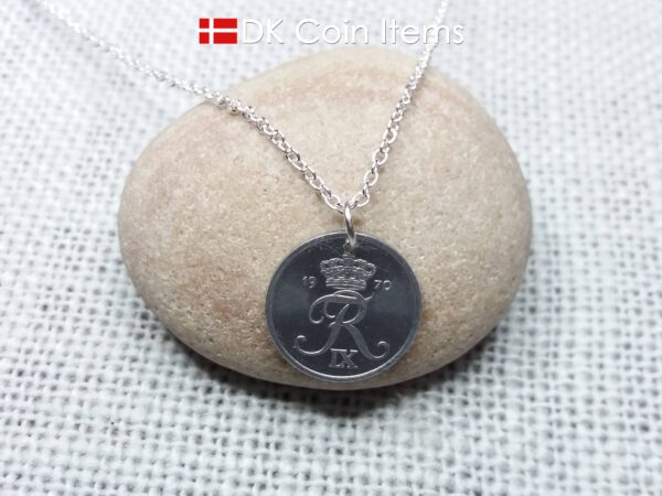 Denmark 1970 coin necklace (chain included) - 54 year old vintage 1 ore (16mm) as coin pendant - 54th birthday gift - Danish souvenir