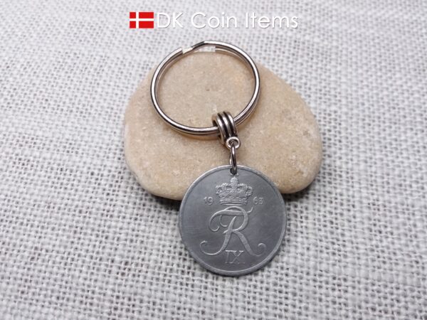 Denmark 1963 R-initial coin keychain with 61 year old 5 ore as coin pendant on bail and 30mm keyring