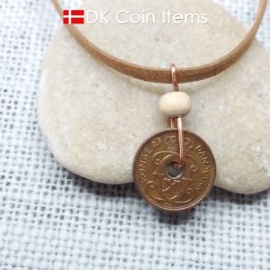 Denmark 1934 coin necklace - 90 year old crowned letter C initial 1 ore - 90th birthday gift - Antique Danish souvenir - Cord/chain option