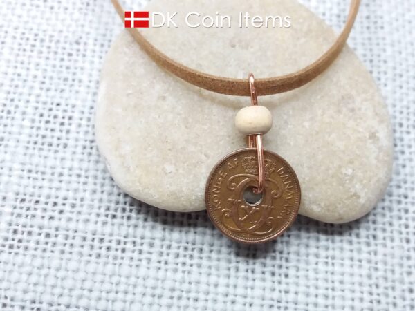 Denmark 1934 coin necklace - 90 year old crowned letter C initial 1 ore - 90th birthday gift - Antique Danish souvenir - Cord/chain option