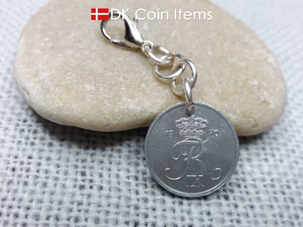 Denmark 1970 coin charm - 54 year old 1 ore (16mm) with crowned letter R initial as coin pendant - 54th birthday gift - Danish souvenir