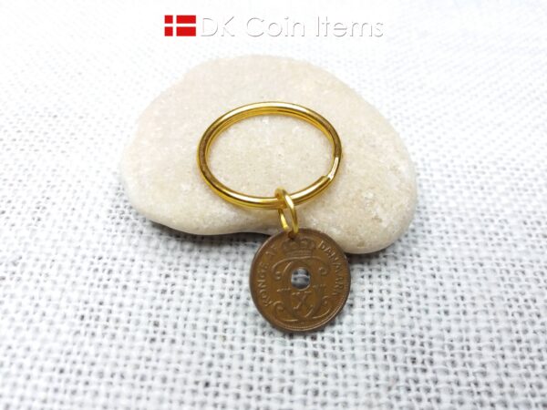 Denmark 1934 coin keychain - 90 year old crowned letter C initial 1 ore as coin pendant - 90th birthday gift - Antique Danish souvenir