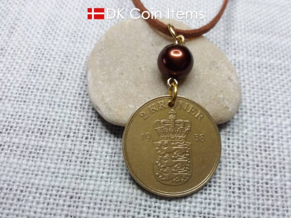 Denmark 1958 coin necklace - 66 year old golden vintage 2 kroner as coin pendant - 66th birthday gift - Cord/Chain options