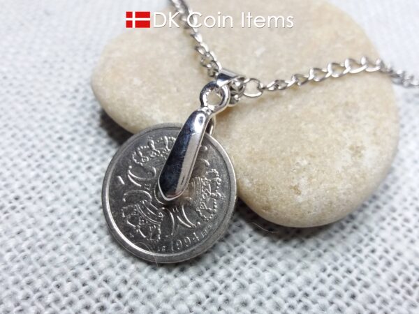 Danish coin necklace with a 1 krone as coin pendant on a pinch bail with snap lock - Danish souvenir - Cord/chain options