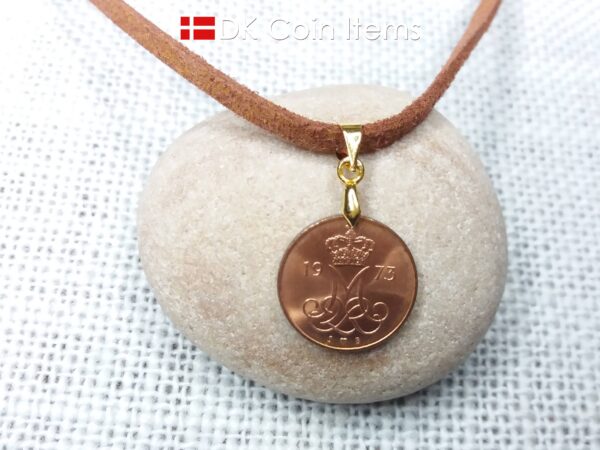 Denmark 1973 coin necklace. 51 year old M initial 5 ore coin pendant. 51st birthday gift. 5th anniversary gift. Danish vintage souvenir