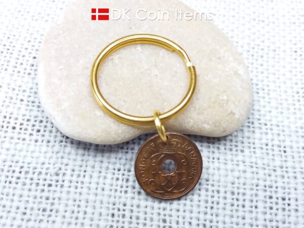 Denmark 1940 coin keychain - 84 year old crowned letter C initial 1 ore as coin pendant - 84th birthday gift - Antique Danish souvenir