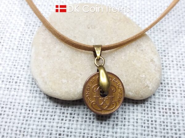 Denmark 1935 coin necklace. C initial. 89 years old 1 ore coin pendant.