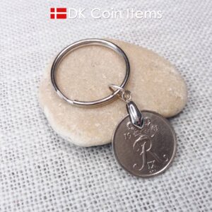 Denmark 1961 R-initial coin keychain with 63 year old 25 ore as coin pendant on pinch bail and 30mm keyring