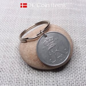 Denmark 1961 R-initial coin keychain with 63 year old 5 ore as coin pendant on 30mm keyring