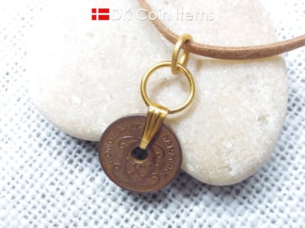 Denmark 1930 coin necklace. Crowned C-monogram 1 ore coin.