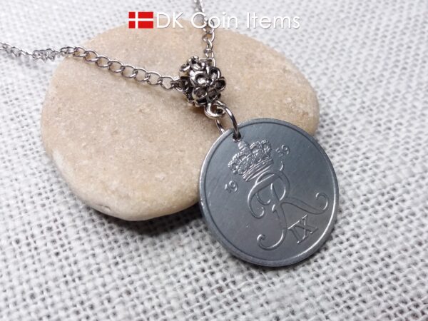 Denmark 1959 coin necklace - 65 year old 5 ore with letter R initial - 65th birthday gift - Danish souvenir - Cord/chain options