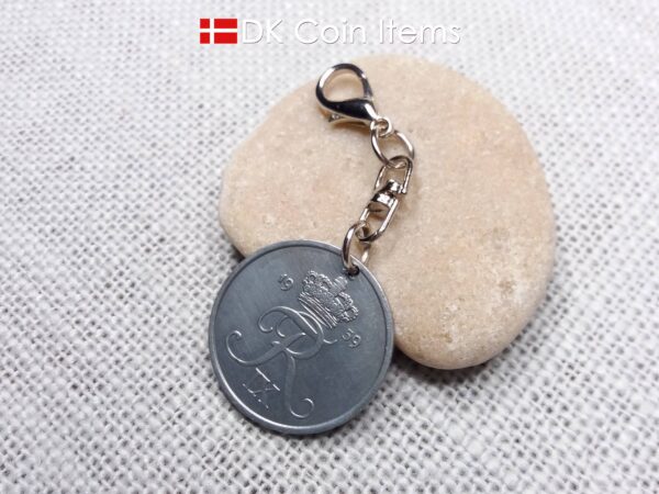 Denmark 1959 R-initial coin charm with 65 year old 5 ore as coin pendant on swivel unit and 18mm lobster claw clasp