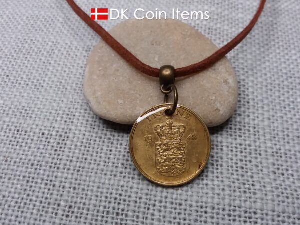 Denmark 1948 coin necklace with golden 76 year old vintage 1 krone as coin pendant. Cord/Chain options