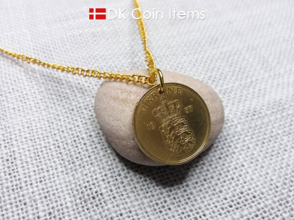 Denmark 1957 coin pendant necklace with golden 67 year old vintage 1 krone. Cord/Chain options