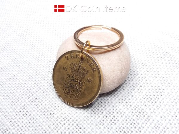 Denmark 1958 coin keychain with golden 66 year old vintage 2 kroner as coin pendant on 30mm keyring