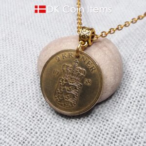 Denmark 1958 coin necklace with golden 66 year old vintage 2 kroner as coin pendant on bail. Cord/Chain options