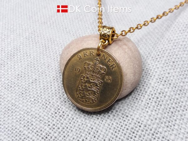 Denmark 1958 coin necklace with golden 66 year old vintage 2 kroner as coin pendant on bail. Cord/Chain options