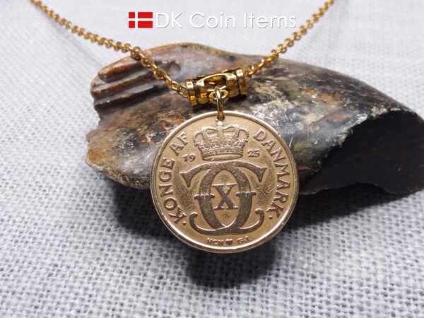 Denmark 1925 Crown C-initial coin necklace with golden 99 year old vintage 2 kroner as coin pendant. Cord/Chain options