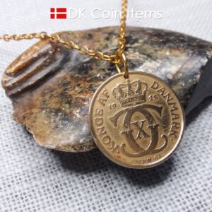 Denmark 1925 Crown C-initial coin pendant necklace with golden 99 year old vintage 2 kroner. Cord/Chain options