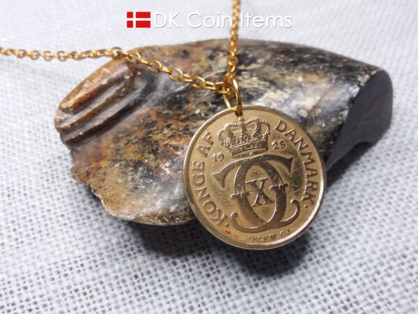 Denmark 1925 Crown C-initial coin pendant necklace with golden 99 year old vintage 2 kroner. Cord/Chain options