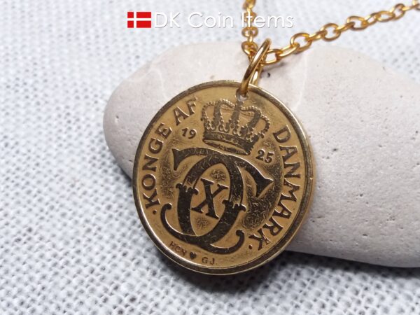 Denmark 1925 Crown C-initial coin pendant necklace with 99 year old golden vintage 2 kroner. Cord/Chain options