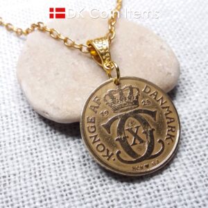 Denmark 1925 Crown C-initial coin necklace with 99 year old golden vintage 2 kroner as coin pendant. Cord/Chain options