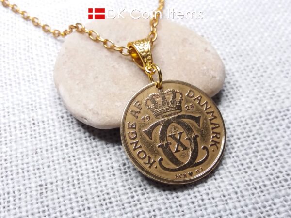 Denmark 1925 Crown C-initial coin necklace with 99 year old golden vintage 2 kroner as coin pendant. Cord/Chain options