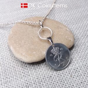 Denmark 1970 R-initial coin necklace with 54 year old 2 ore as coin pendant on silver plated snap lock and rings